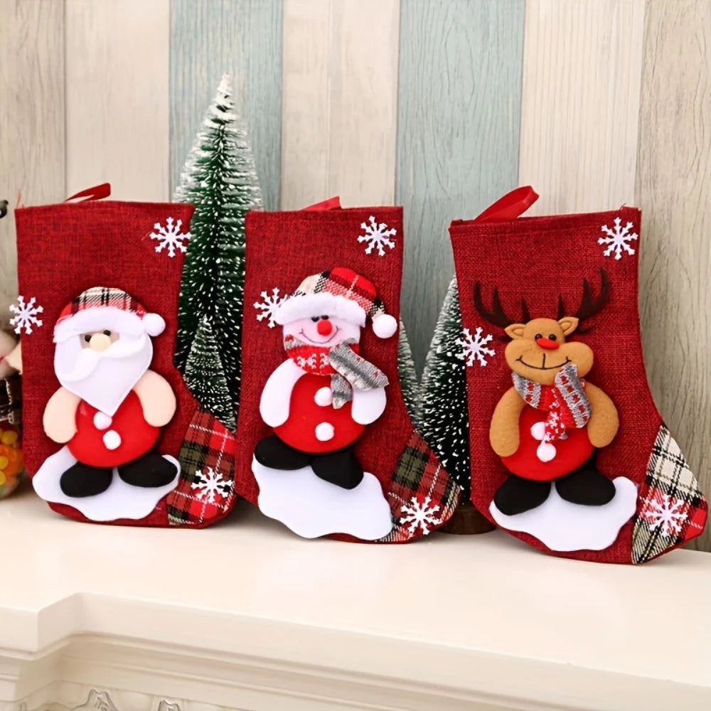 Hanging Christmas stockings set featuring Santa, snowman, and reindeer designs, made of festive polyester, perfect for holiday decor and stocking fillers. 0