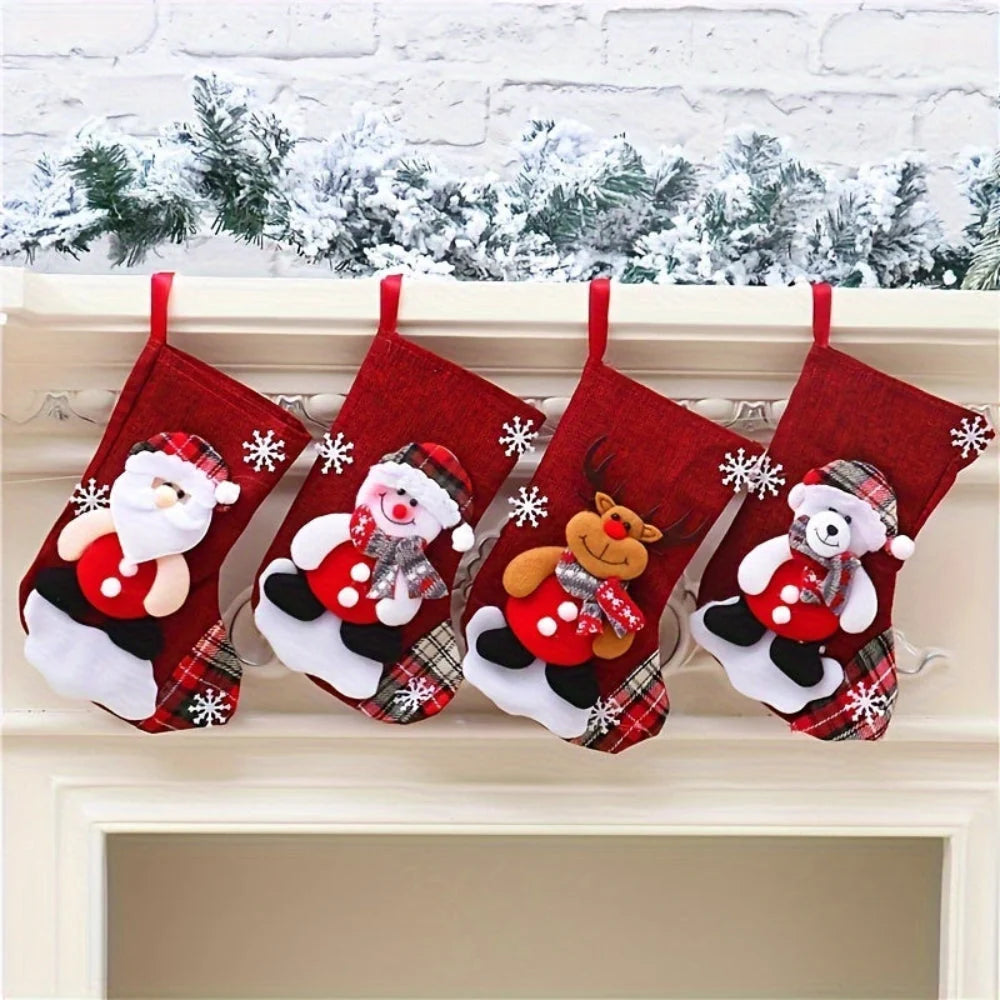 Hanging Christmas stockings set featuring Santa, snowman, and reindeer designs, made of festive polyester, perfect for holiday decor and stocking fillers. 1