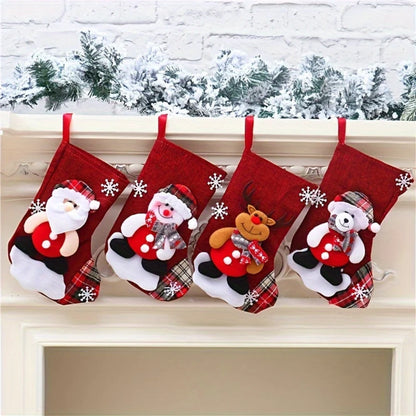 Hanging Christmas stockings set featuring Santa, snowman, and reindeer designs, made of festive polyester, perfect for holiday decor and stocking fillers. 1