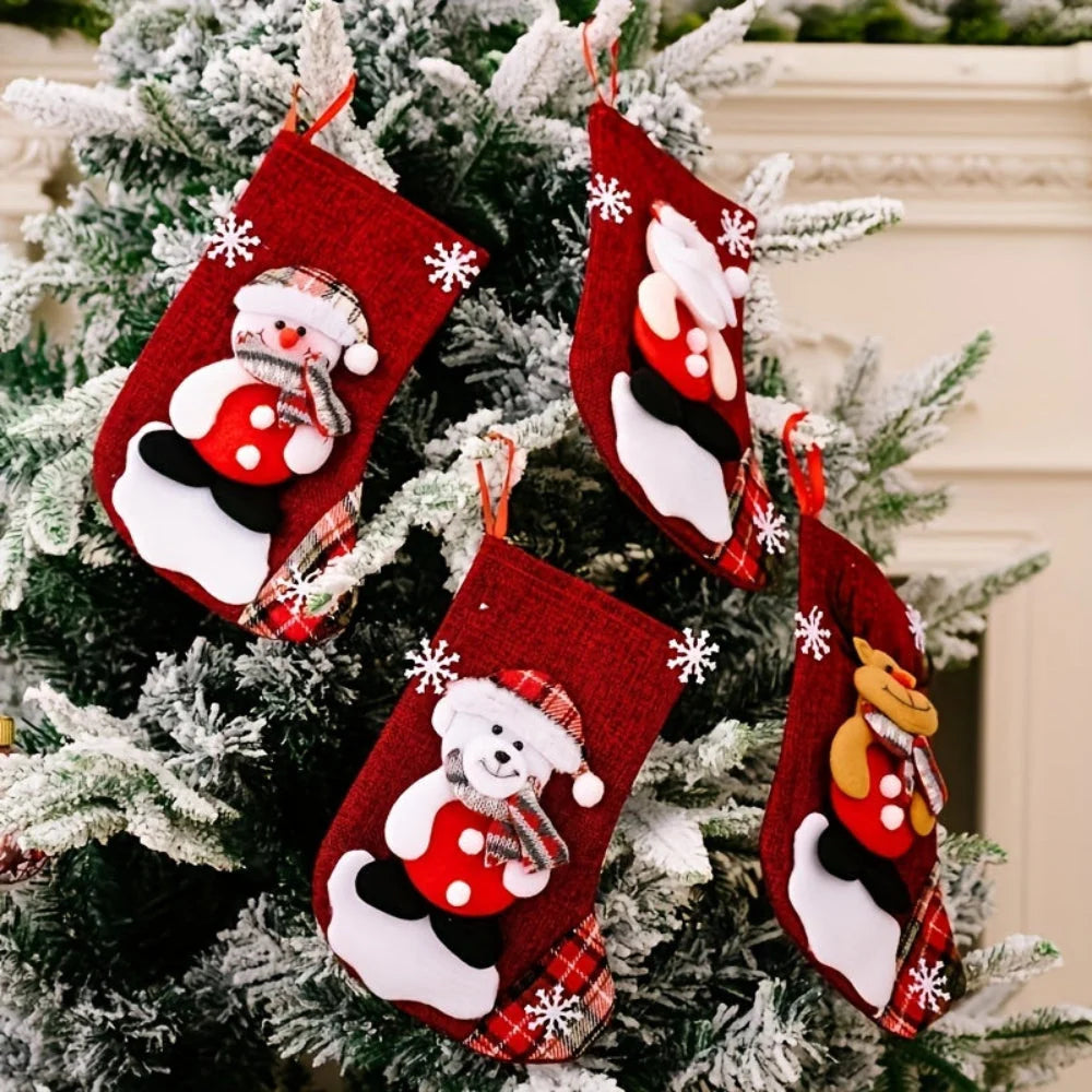 Hanging Christmas stockings set featuring Santa, snowman, and reindeer designs, made of festive polyester, perfect for holiday decor and stocking fillers. 2
