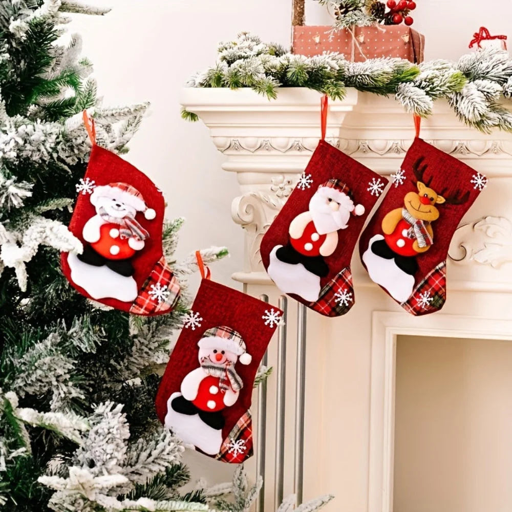 Hanging Christmas stockings set featuring Santa, snowman, and reindeer designs, made of festive polyester, perfect for holiday decor and stocking fillers. 3