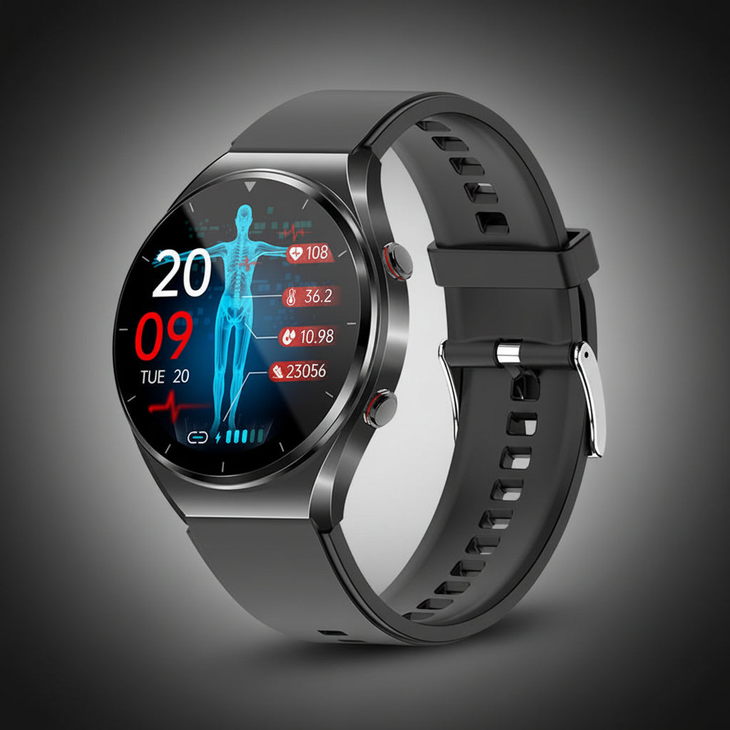 Health Smart Watch in black and silver featuring ECG and blood pressure monitoring capabilities, ideal for fitness tracking and health management. 0