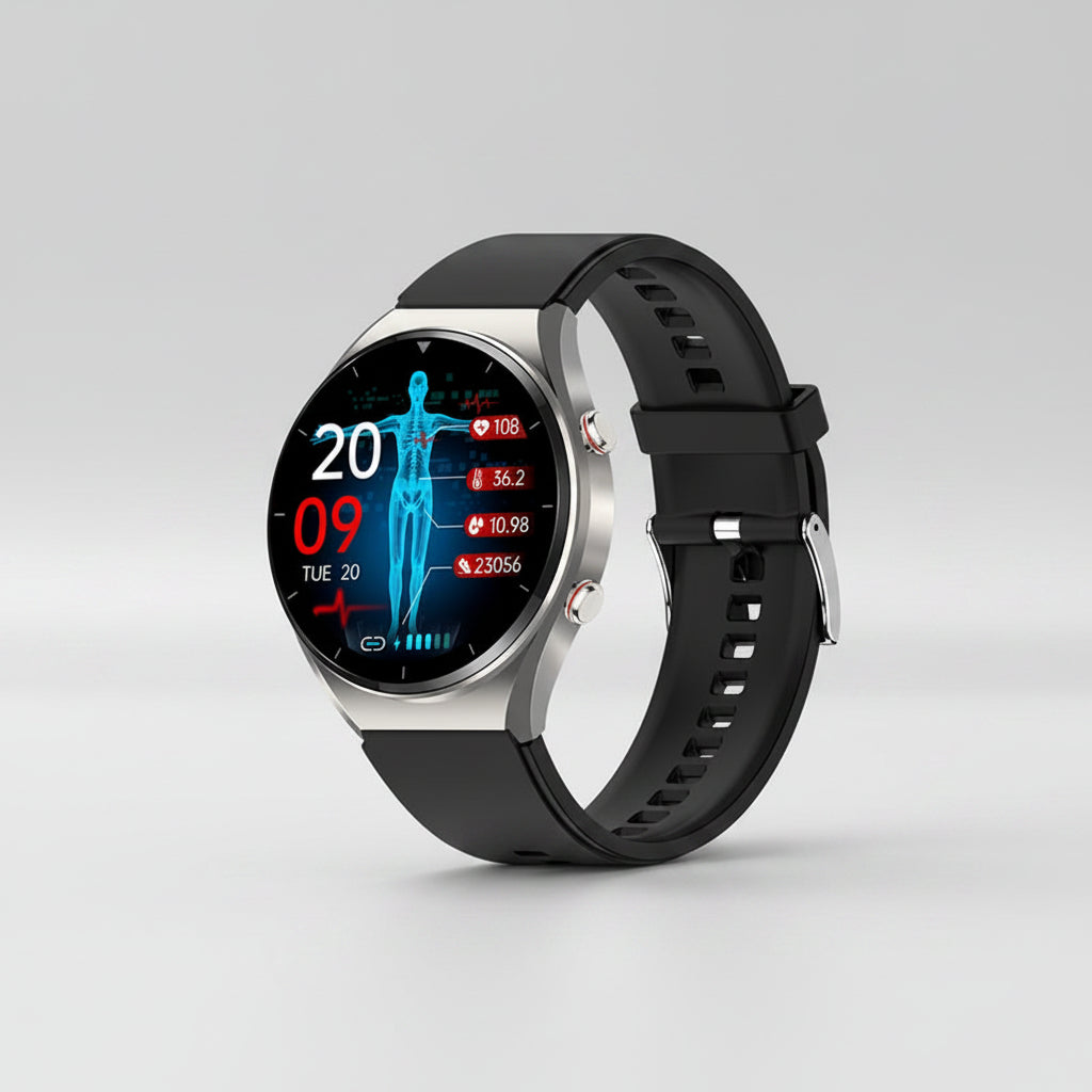 Health Smart Watch in black and silver featuring ECG and blood pressure monitoring capabilities, ideal for fitness tracking and health management. 1