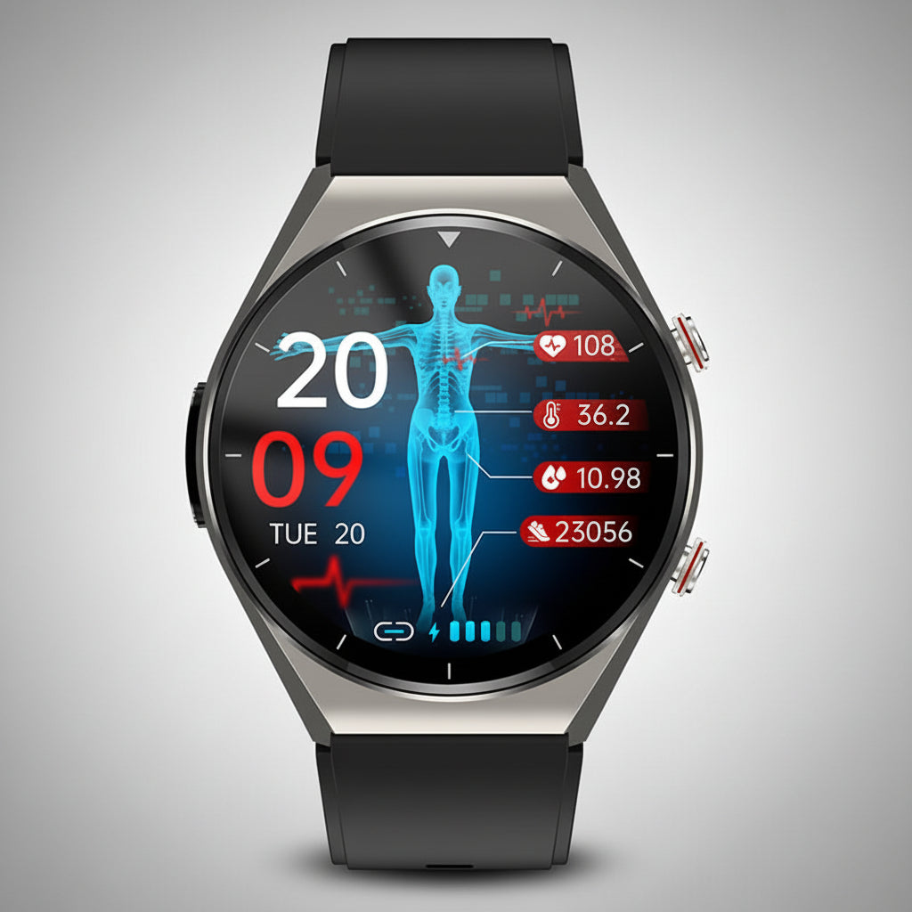 Health Smart Watch in black and silver featuring ECG and blood pressure monitoring capabilities, ideal for fitness tracking and health management. 2
