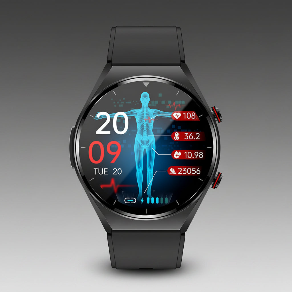 Health Smart Watch in black and silver featuring ECG and blood pressure monitoring capabilities, ideal for fitness tracking and health management. 3
