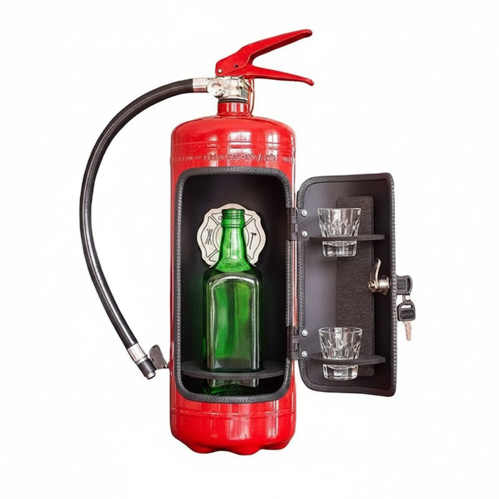 Hidden bottle storage designed as a stylish fire extinguisher, available in red or black, perfect for home decor while discreetly storing beverages. 0