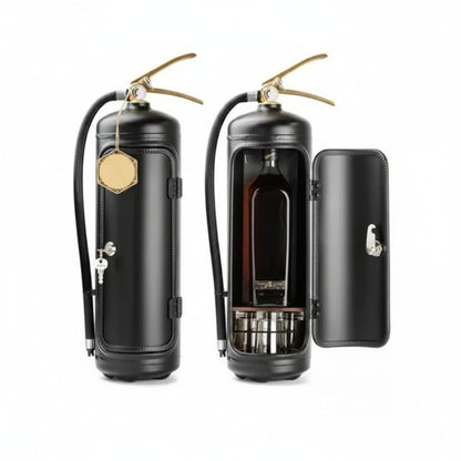 Hidden bottle storage designed as a stylish fire extinguisher, available in red or black, perfect for home decor while discreetly storing beverages. 1