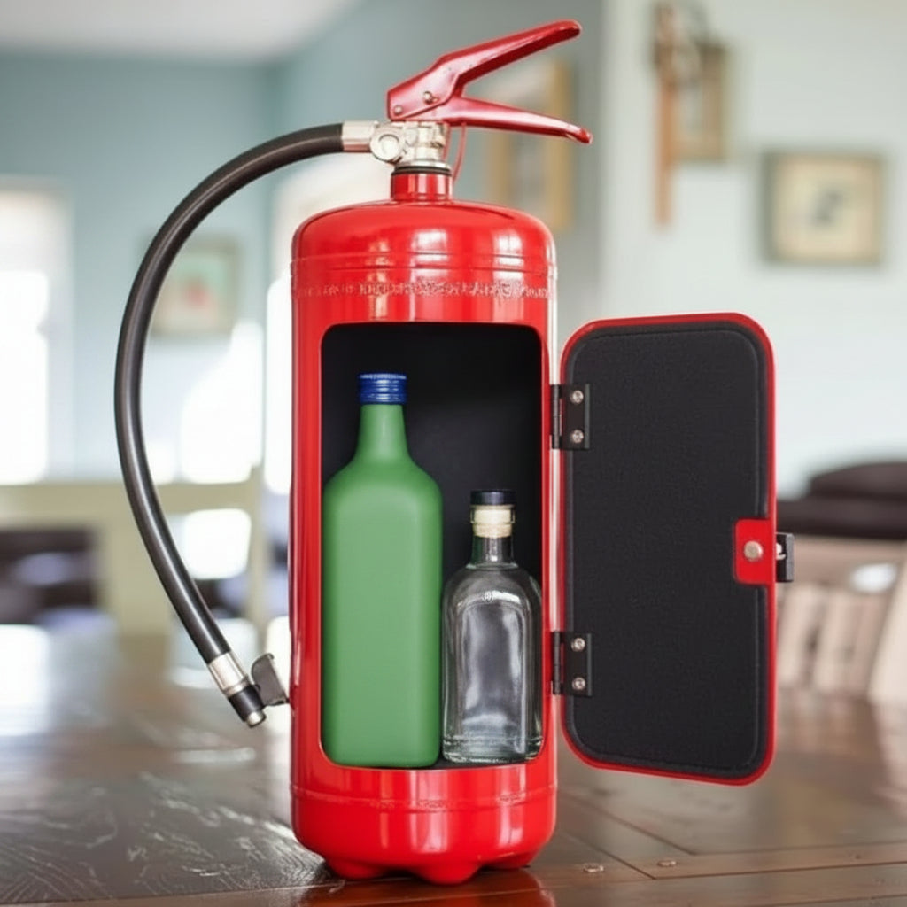 Hidden bottle storage designed as a stylish fire extinguisher, available in red or black, perfect for home decor while discreetly storing beverages. 3