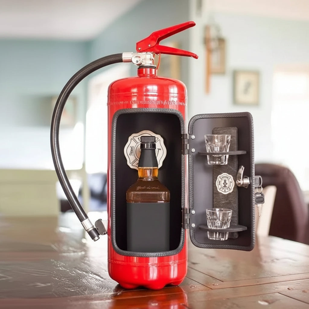 Hidden bottle storage designed as a stylish fire extinguisher, available in red or black, perfect for home decor while discreetly storing beverages. 4