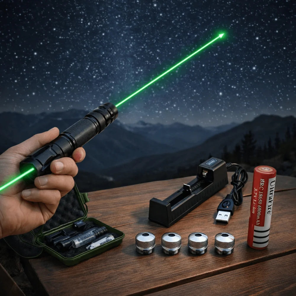 High-Power Green Laser Pointer featuring a USB rechargeable battery, capable of a long-range 2000m beam, crafted from durable anodized aluminum for 1