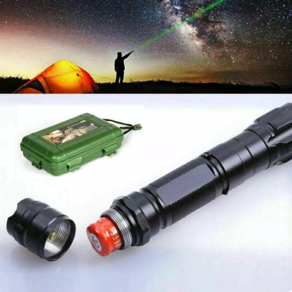 High-Power Green Laser Pointer featuring a USB rechargeable battery, capable of a long-range 2000m beam, crafted from durable anodized aluminum for 7