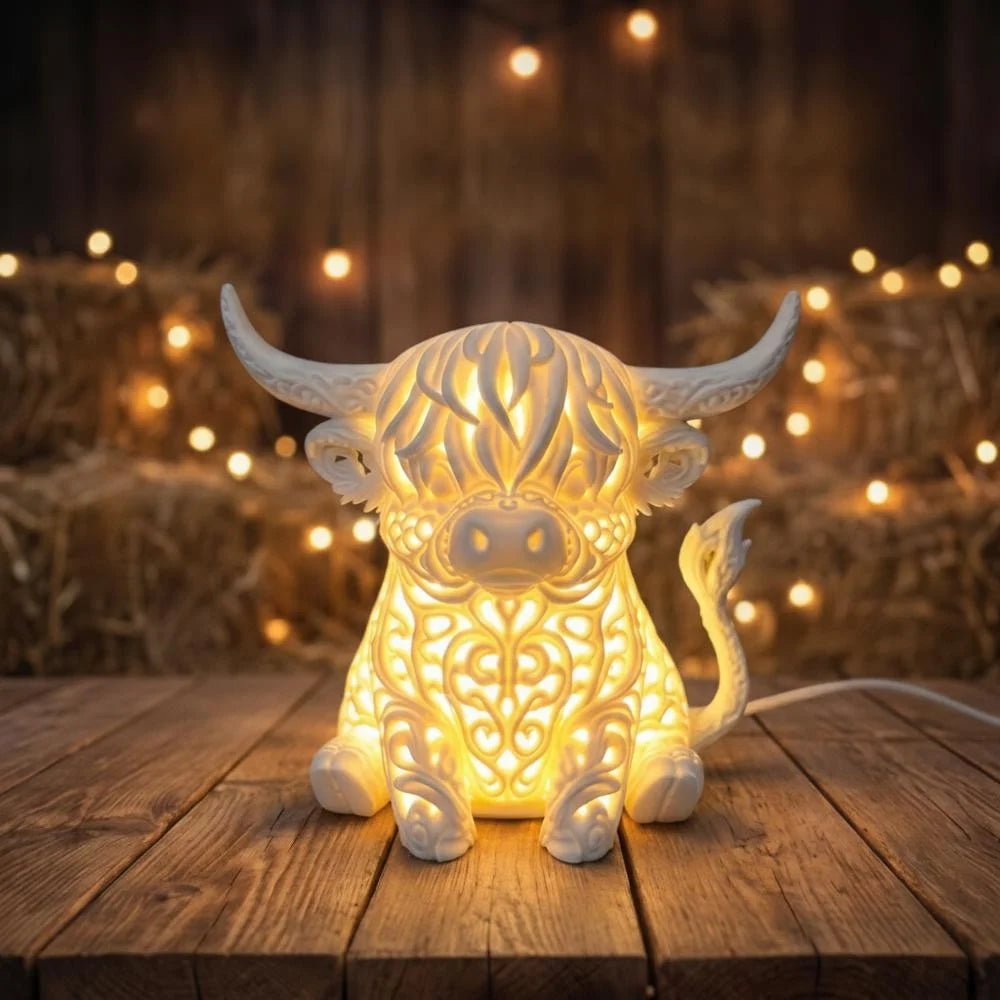 Highland Cow Table Lamp featuring a warm LED glow and intricate filigree design, perfect for adding charm to your bedroom or desk, powered by USB 0