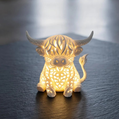 Highland Cow Table Lamp featuring a warm LED glow and intricate filigree design, perfect for adding charm to your bedroom or desk, powered by USB 2