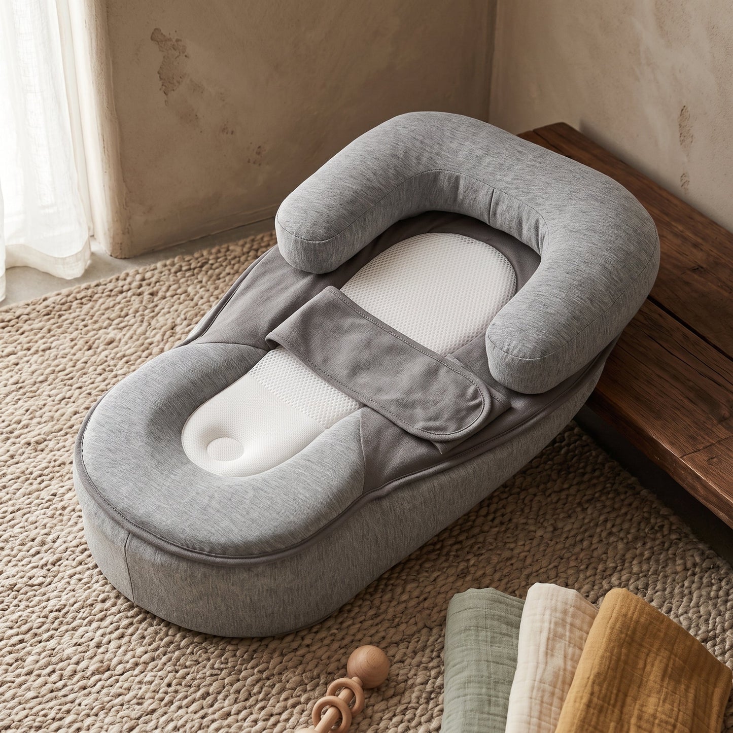 Inclined baby lounger featuring cushioned support and breathable cotton cover, designed for comfort and safety for infants. 4