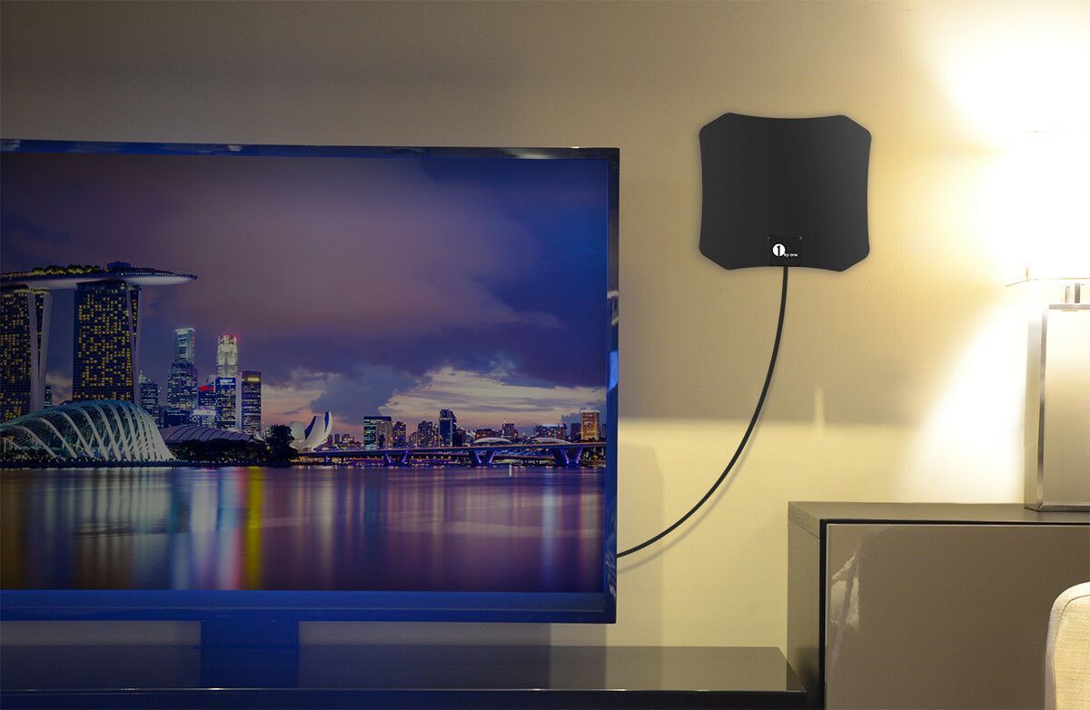 Indoor TV antenna featuring a compact low-profile design for clear HD reception and easy setup, ideal for enhancing your home entertainment experience. 6
