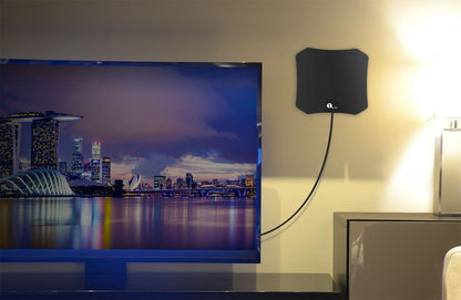 Indoor TV antenna featuring a compact low-profile design for clear HD reception and easy setup, ideal for enhancing your home entertainment experience. 6
