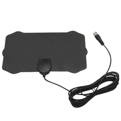 Indoor TV antenna with a 50-mile range, featuring a compact design for optimal HD signal reception and an easy plug-and-play setup, perfect for enhancing 0