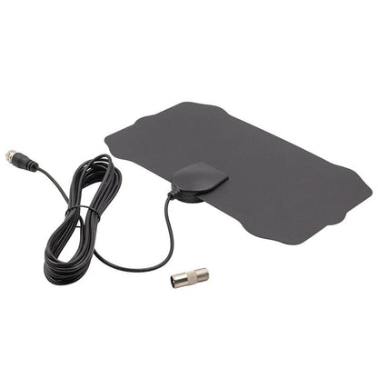 Indoor TV antenna with a 50-mile range, featuring a compact design for optimal HD signal reception and an easy plug-and-play setup, perfect for enhancing 1