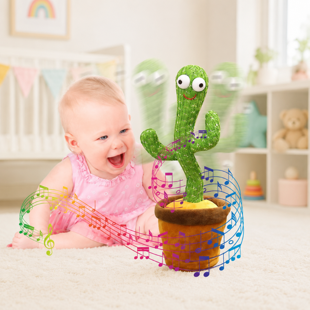 Interactive plush toy cactus designed for babies and toddlers, featuring a rechargeable talking capability and engaging dancing movements to enhance playtime and learning. 4