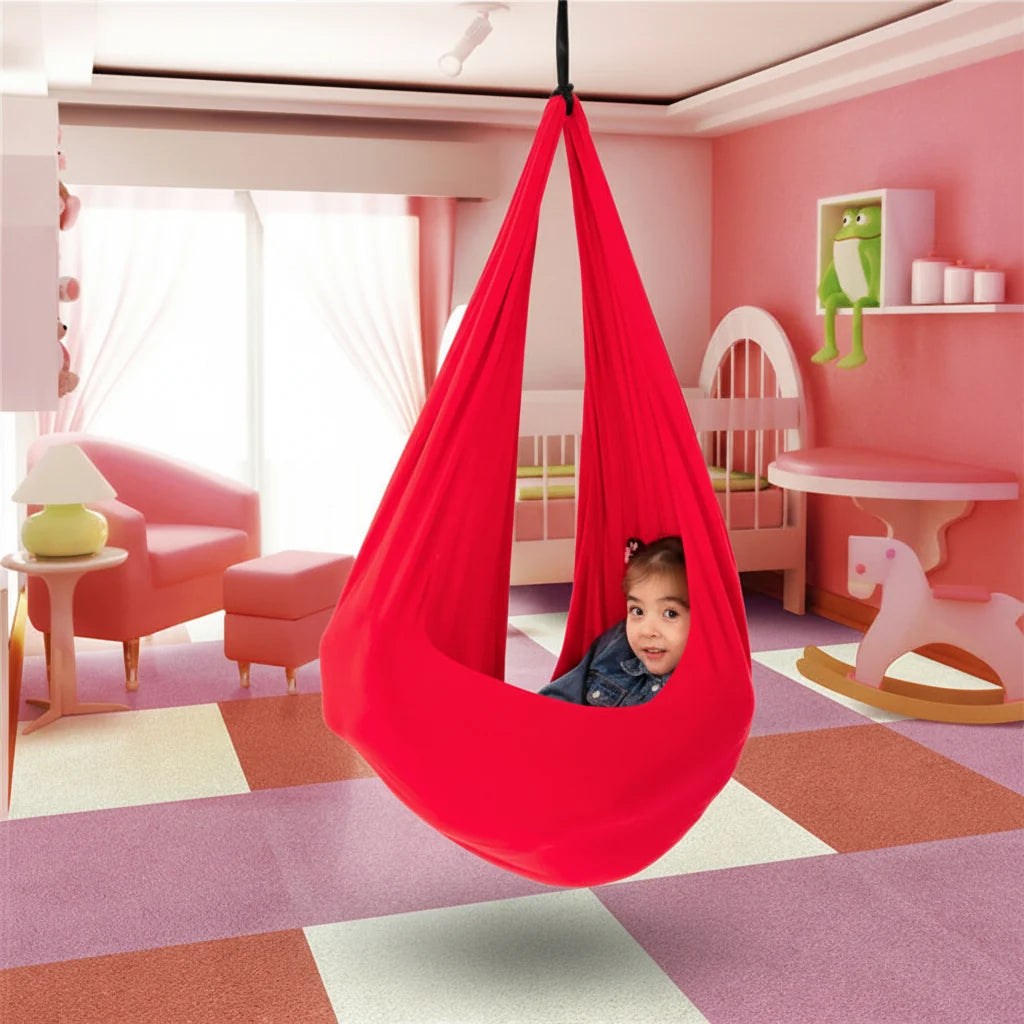 Kids hammock chair with cocoon design, perfect for indoor play and relaxation; cozy hanging swing seat ideal for bedrooms and playrooms. 1
