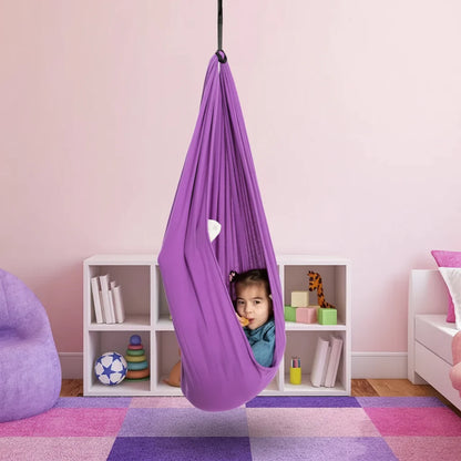 Kids hammock chair with cocoon design, perfect for indoor play and relaxation; cozy hanging swing seat ideal for bedrooms and playrooms. 6
