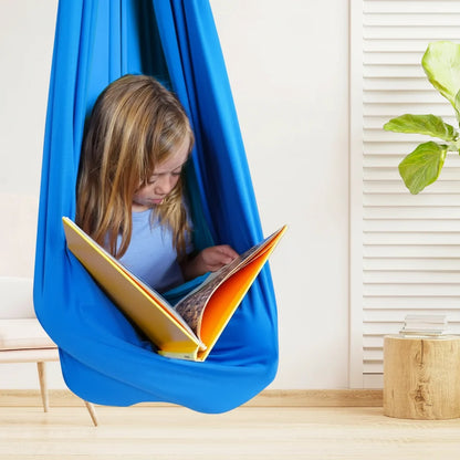 Kids hammock chair with cocoon design, perfect for indoor play and relaxation; cozy hanging swing seat ideal for bedrooms and playrooms. 7