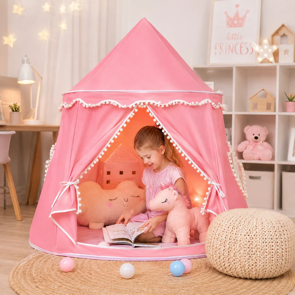 Kids Play Tent Teepee in soft fabric featuring a portable design, perfect for indoor playtime, designed in a charming princess style for imaginative fun. 0
