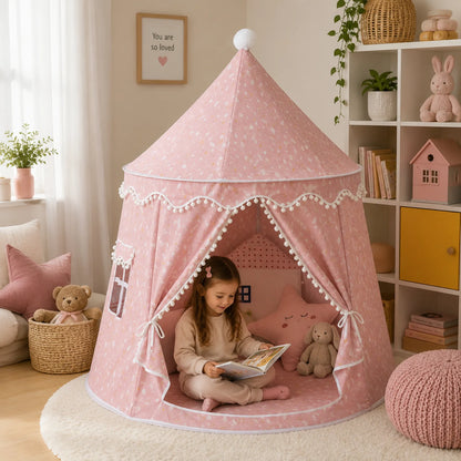 Kids Play Tent Teepee in soft fabric featuring a portable design, perfect for indoor playtime, designed in a charming princess style for imaginative fun. 10