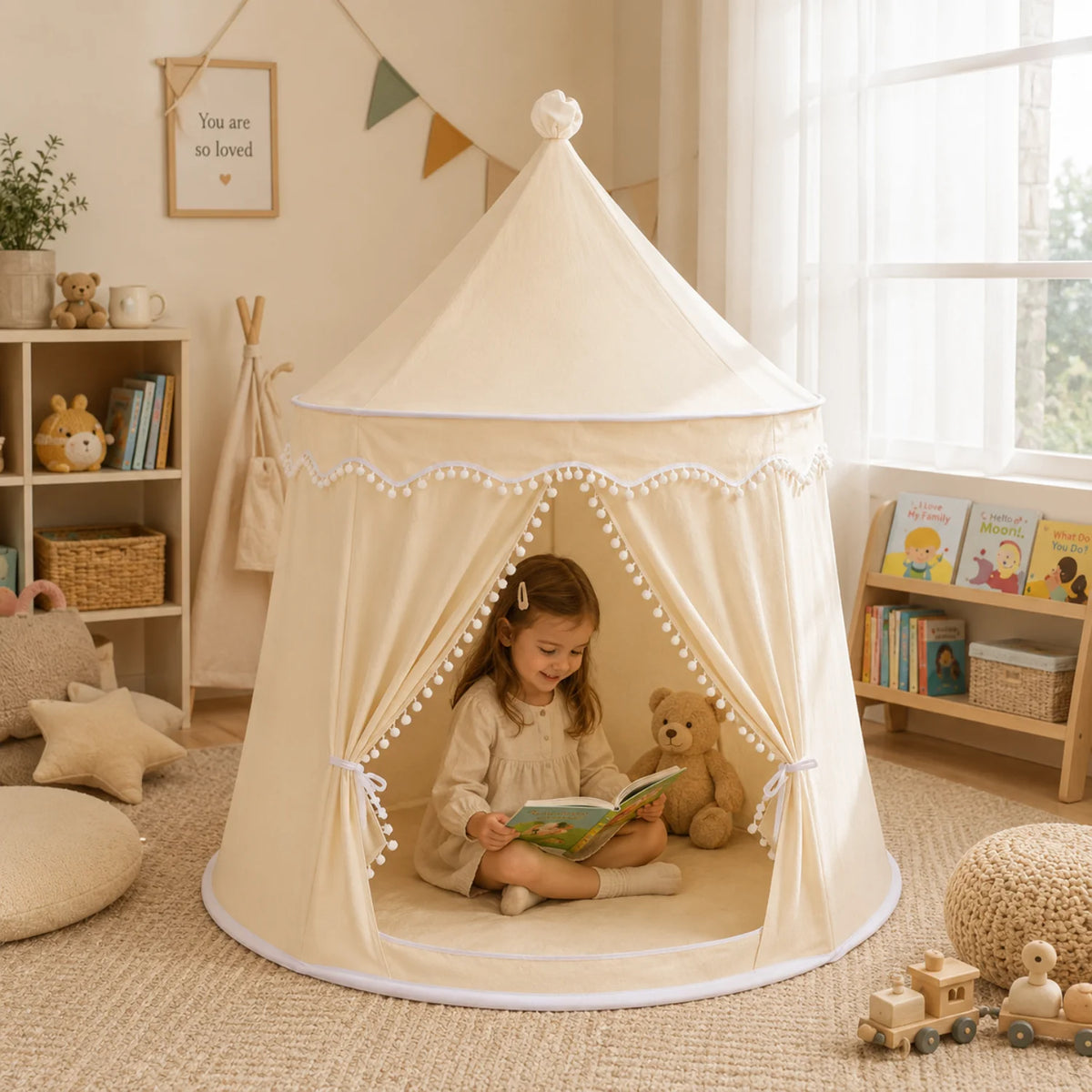 Kids Play Tent Teepee in soft fabric featuring a portable design, perfect for indoor playtime, designed in a charming princess style for imaginative fun. 11