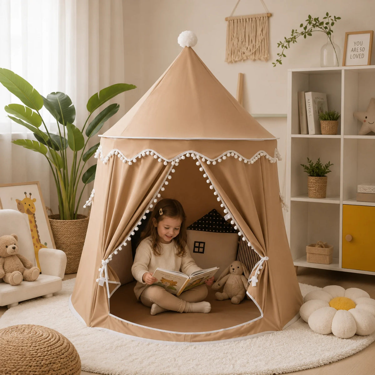 Kids Play Tent Teepee in soft fabric featuring a portable design, perfect for indoor playtime, designed in a charming princess style for imaginative fun. 9