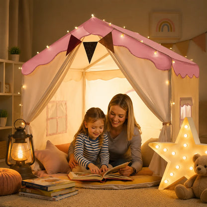 Kids play tent with padded mat and decorative lights, perfect cozy indoor hideaway for toddlers, featuring a vibrant design and soft, comfortable flooring for imaginative play 0
