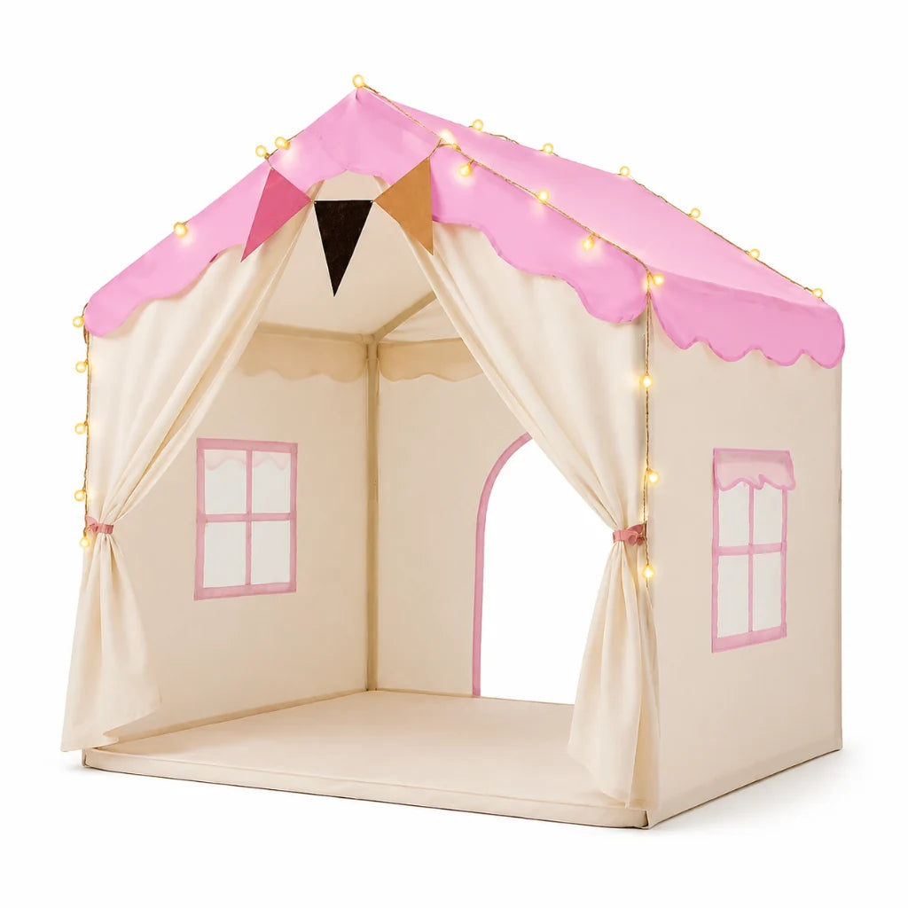 Kids play tent with padded mat and decorative lights, perfect cozy indoor hideaway for toddlers, featuring a vibrant design and soft, comfortable flooring for imaginative play 1