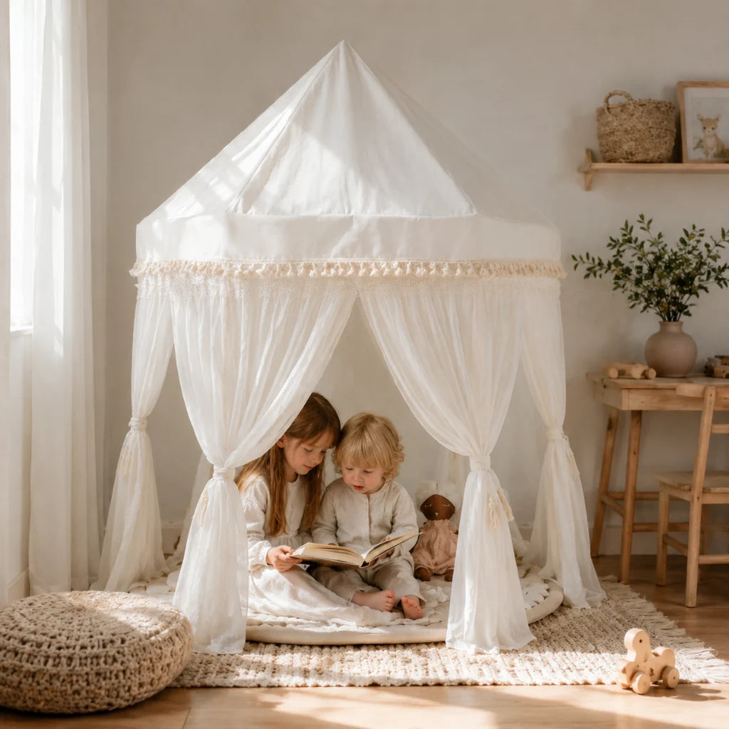 Kids play tent featuring roll-up walls and a sturdy wooden frame, designed in a Boho pavilion style with ecru cotton canvas, perfect for imaginative 0