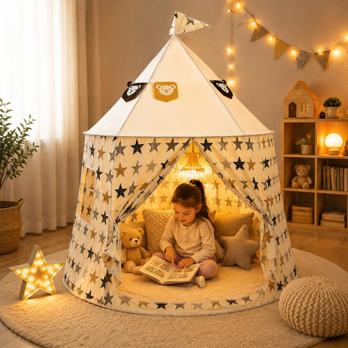 Kids play tent with a star pattern, designed for indoor imaginative play, featuring a cozy white fabric perfect for reading and adventures. 0