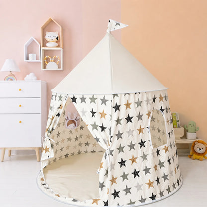 Kids play tent with a star pattern, designed for indoor imaginative play, featuring a cozy white fabric perfect for reading and adventures. 1