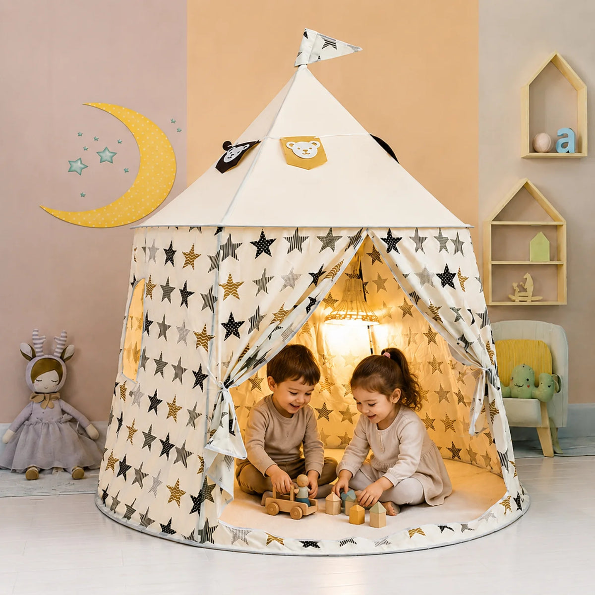 Kids play tent with a star pattern, designed for indoor imaginative play, featuring a cozy white fabric perfect for reading and adventures. 2