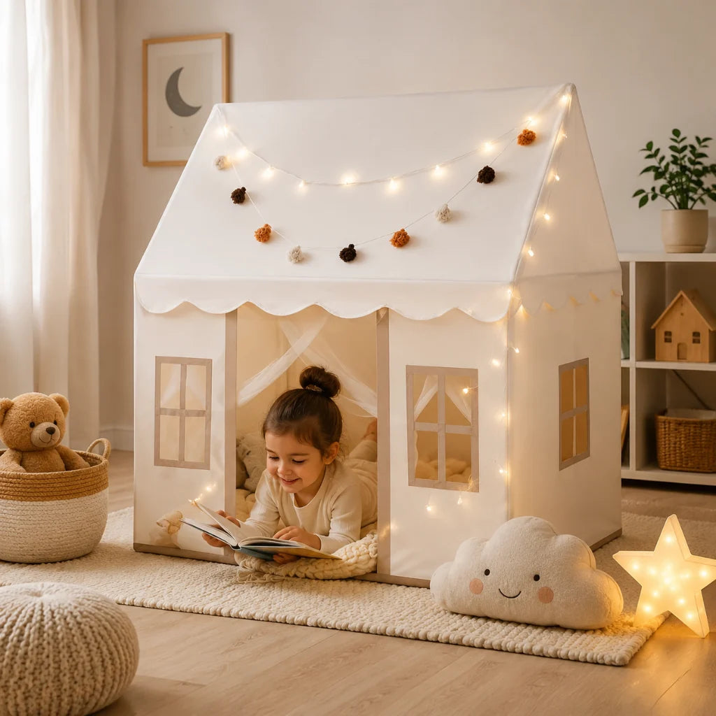 Kids playhouse tent featuring a padded mat and decorative lights, creating a cozy indoor play space ideal for toddlers and young children. 0