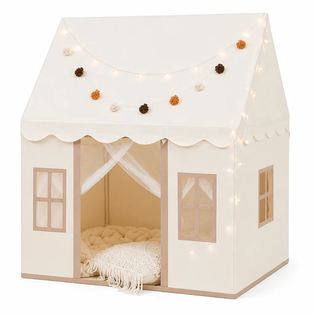 Kids playhouse tent featuring a padded mat and decorative lights, creating a cozy indoor play space ideal for toddlers and young children. 1