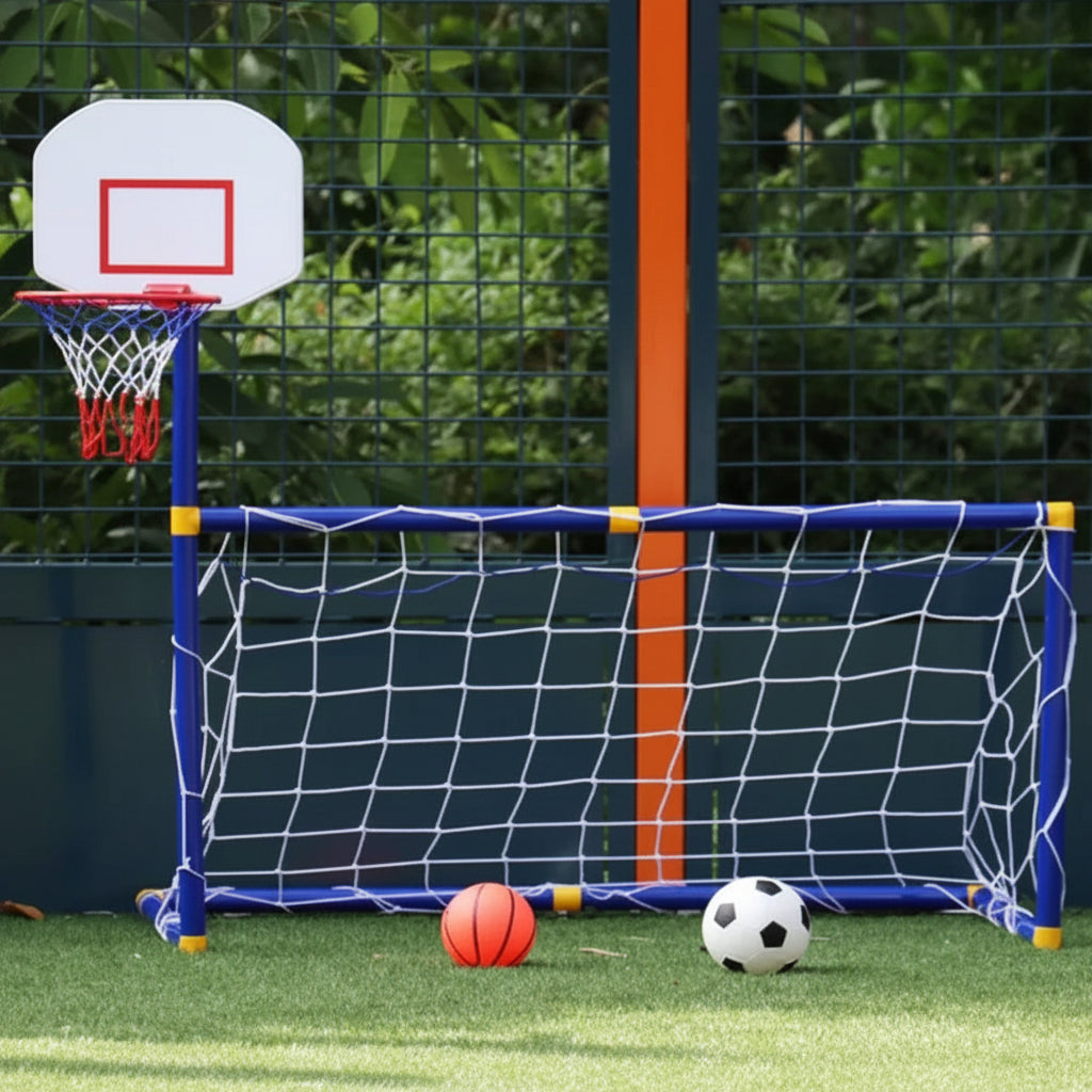 Kids sports toy set featuring soccer and basketball games made from durable, non-toxic ABS material, perfect for active outdoor play. 1