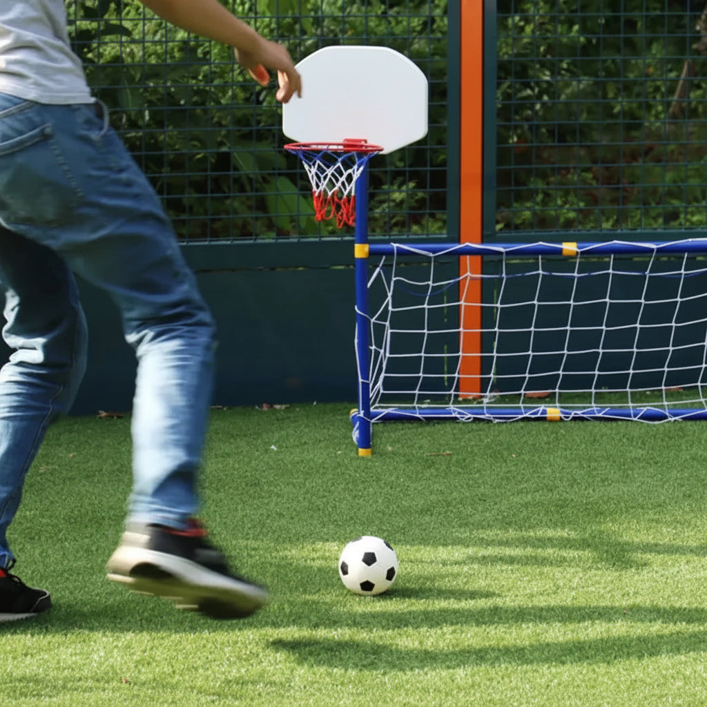 Kids sports toy set featuring soccer and basketball games made from durable, non-toxic ABS material, perfect for active outdoor play. 3