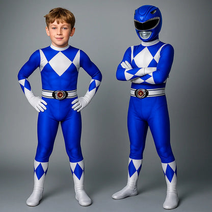 Kids superhero costume set featuring a soft elastic fabric jumpsuit with a detachable hood, perfect for imaginative play and adventures. 2