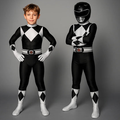 Kids superhero costume set featuring a soft elastic fabric jumpsuit with a detachable hood, perfect for imaginative play and adventures. 3