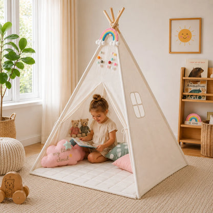 Kids Teepee Play Tent with padded mat, made from soft cotton canvas, designed for indoor imaginative play, featuring a cozy and inviting space for children to 0
