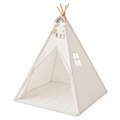 Kids Teepee Play Tent with padded mat, made from soft cotton canvas, designed for indoor imaginative play, featuring a cozy and inviting space for children to 1