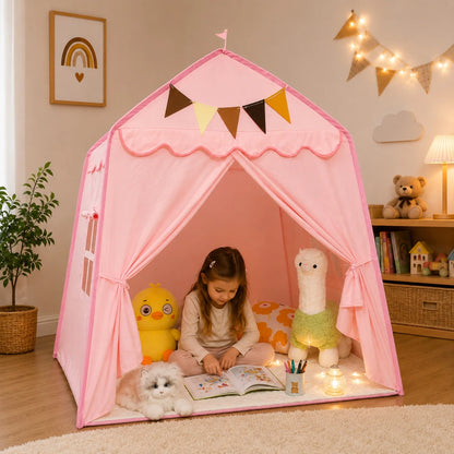 Kids tent play canopy featuring soft fabric in neutral pastel colors, ideal for indoor reading and play spaces, providing a cozy and inviting environment for children. 0