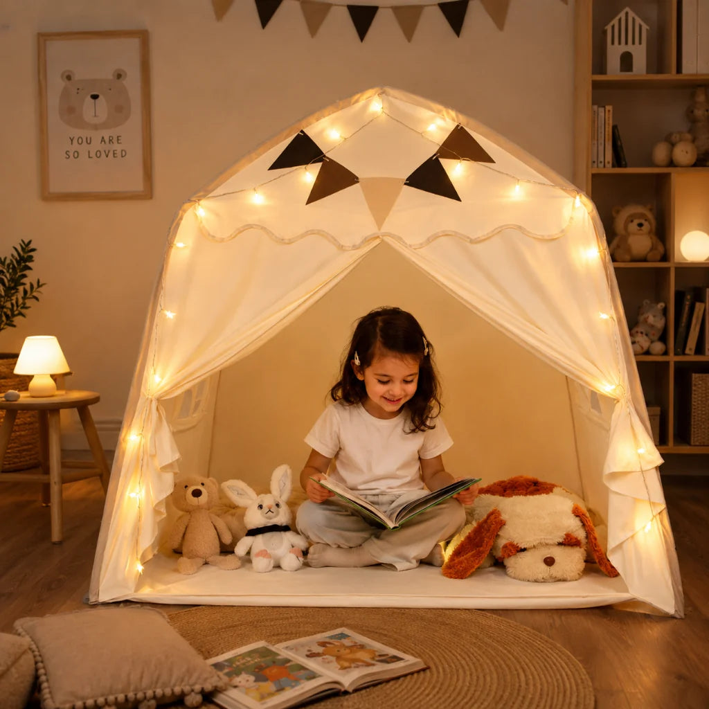 Kids tent play canopy featuring soft fabric in neutral pastel colors, ideal for indoor reading and play spaces, providing a cozy and inviting environment for children. 1