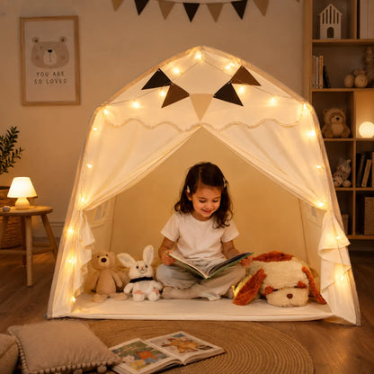 Kids tent play canopy featuring soft fabric in neutral pastel colors, ideal for indoor reading and play spaces, providing a cozy and inviting environment for children. 1