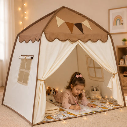 Kids tent play canopy featuring soft fabric in neutral pastel colors, ideal for indoor reading and play spaces, providing a cozy and inviting environment for children. 10