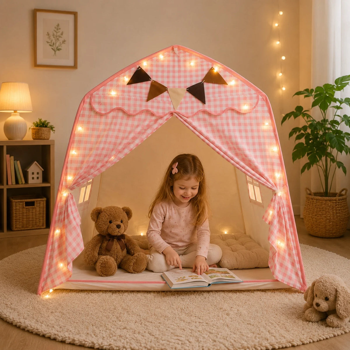 Kids tent play canopy featuring soft fabric in neutral pastel colors, ideal for indoor reading and play spaces, providing a cozy and inviting environment for children. 11