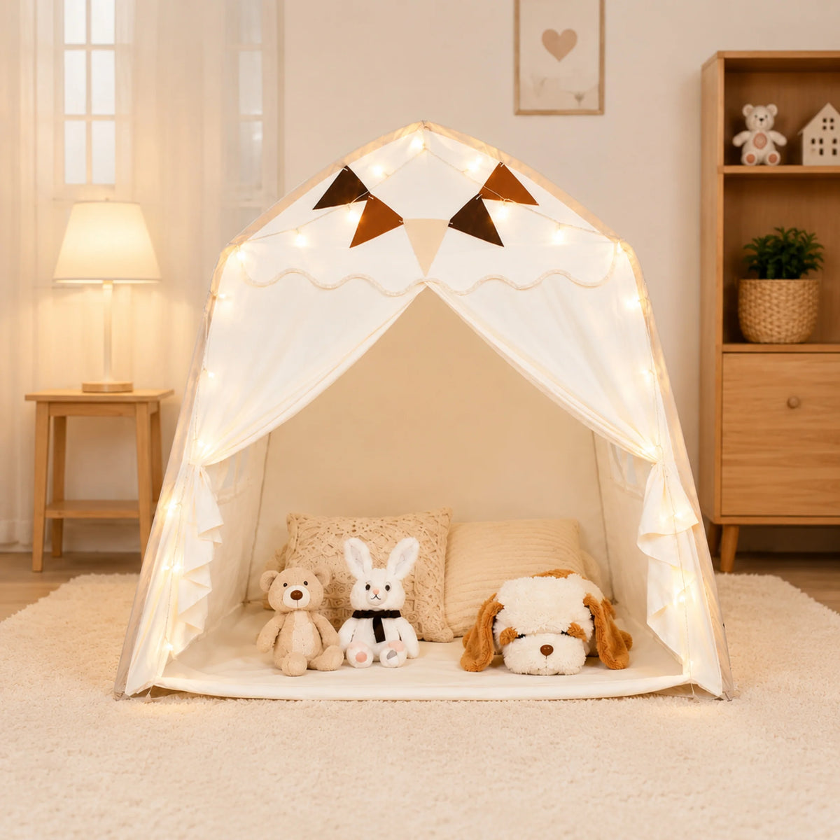 Kids tent play canopy featuring soft fabric in neutral pastel colors, ideal for indoor reading and play spaces, providing a cozy and inviting environment for children. 2